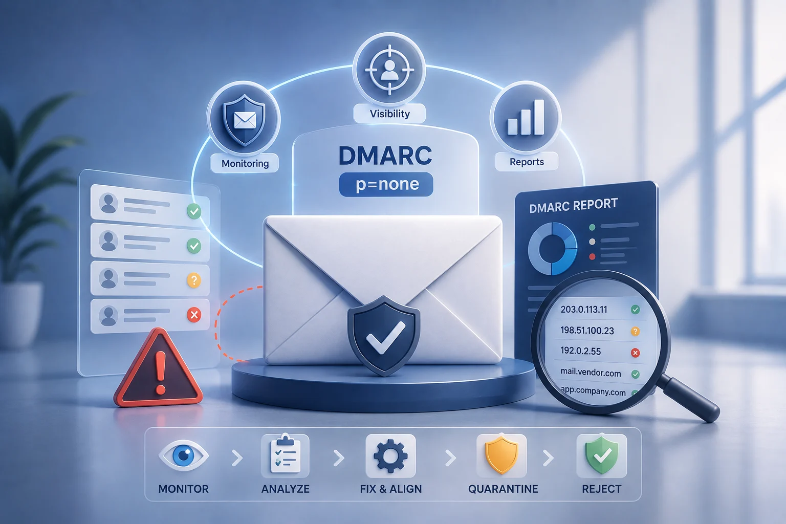 Ilustrasi DMARC p=none sebagai tahap monitoring sebelum kebijakan quarantine dan reject