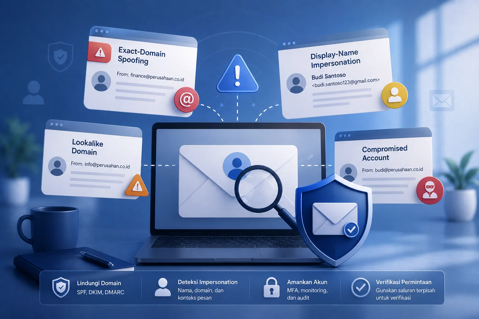 Perbedaan email spoofing, display-name impersonation, lookalike domain, dan compromised account