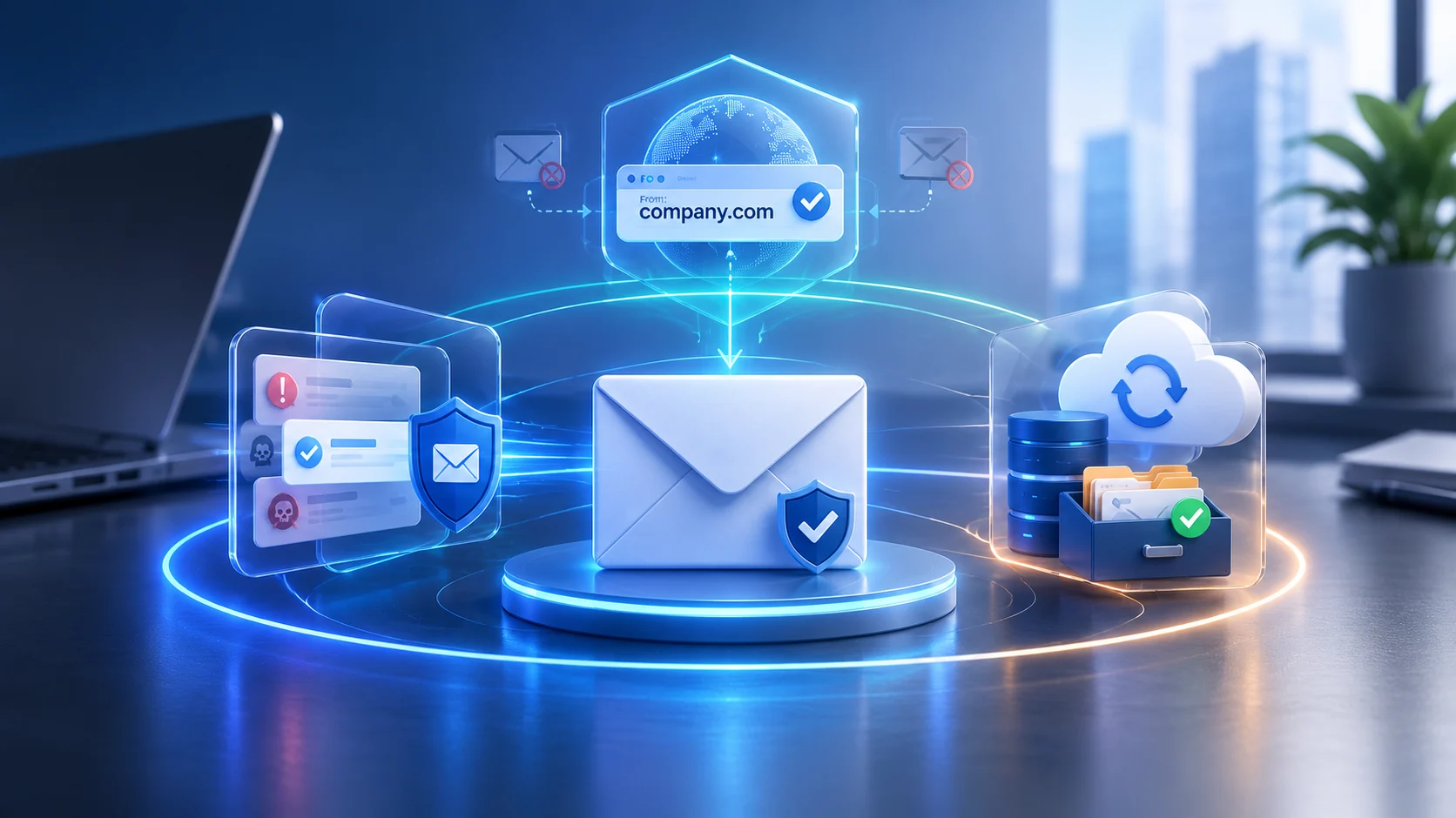 Ilustrasi Email Security, DMARC, dan Backup sebagai tiga lapisan perlindungan sistem email bisnis